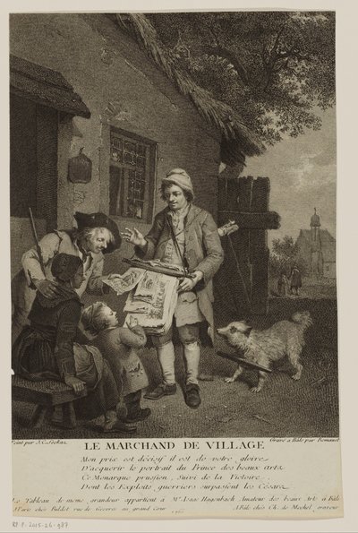 Omreisende trykkselger i en landsby Le Marchand de Village (tittel på objekt) av Antoine Louis Romanet