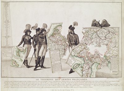 De franske hærenes triumf, Napoleon og hans generaler holder kart over deres seire på tidspunktet for freden i Loeben, 18. april 1797, ca. 1797 av Antoine Maxime Monsaldy