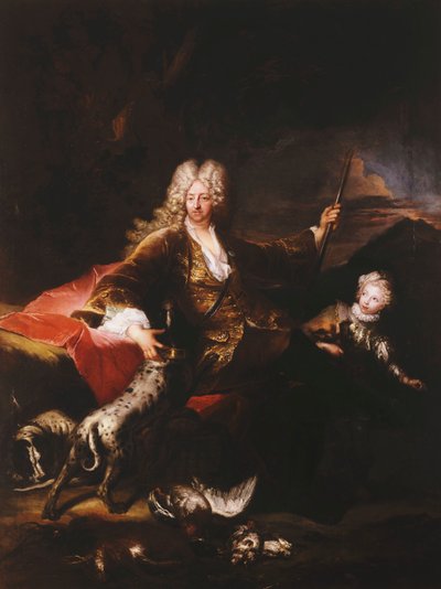Portrett av Marchese Paolo Corbelli, full lengde, sittende på en bank ved kanten av en skog, 1709 av Antoine Pesne
