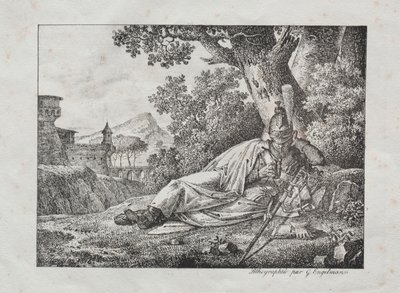 Samling av litografiske essays: Røkende drage ligger ved foten av et tre av Antoine Pierre Mongin