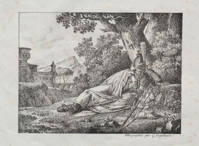 Samling av litografiske essays: Røkende drage ligger ved foten av et tre, 1822. av Antoine Pierre Mongin