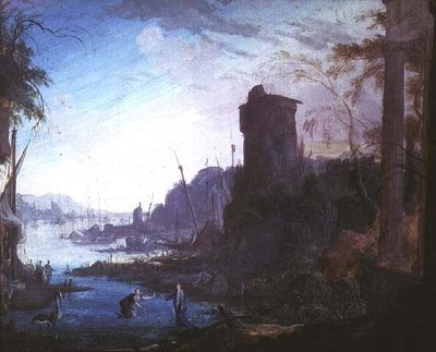 En havneby med Kristus som befaler St. Peter å gå på vannet av Antoine Pierre the Younger Patel