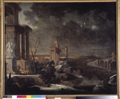 Landskap av gamle ruiner ved daggry av Antoine Pierre the Younger Patel