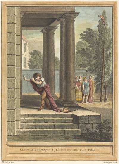 To papegøyer, kongen og hans sønn av Antoine Radigues after Jean Baptiste Oudry