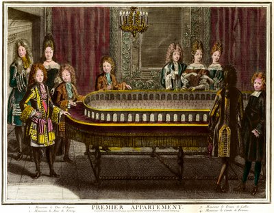 Philippe av Frankrike, hertug av Anjou, daværende konge av Spania (1683-1746), Charles, hertug av Berry (1686-1714) og prins av Wales spiller portiko i den første leiligheten til Louis XIV i Versailles - Gravering av Antoine Trouvain (1656) -1708) Privat s av Antoine Trouvain
