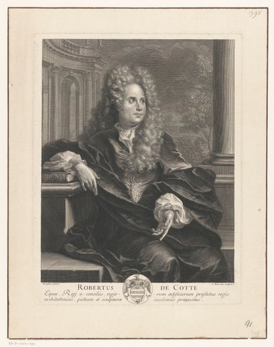 Portrett av Robert de Cotte lener seg på en bok i klassisk arkitektur Robert De Cotte (tittel på objekt) av Antoine Trouvain