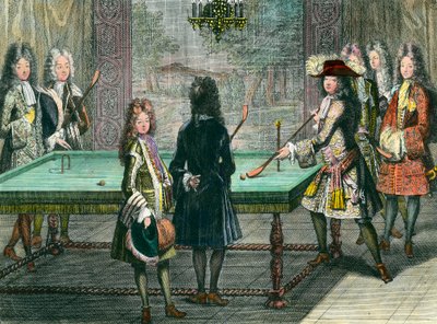 Kongelig fornøyelse i Versailles, kong Louis XIV (1638-1715) som spilte biljard med Philippe Duc d