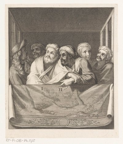 Fem menn med turban og en med hatt i en boks bak en balustrade av Antoine Trouvain