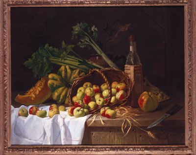 Stilleben med en flaske vin, rabarbra og en oppvendt kurv med epler på et bord av Antoine Vollon