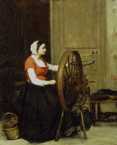 Kvinne og spinnehjul, ca. 1860? av Antoine Vollon