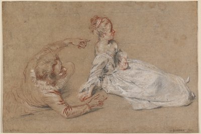 En mann tilbakelent og en kvinne som sitter på bakken av Antoine Watteau