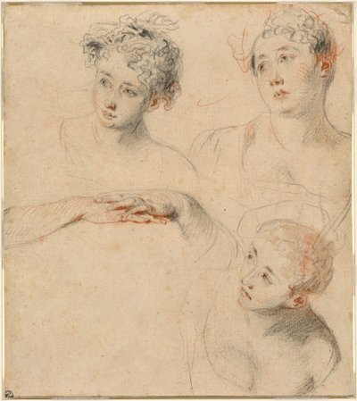 Tre studier av en kvinnes hode og en studie av hender [recto] av Antoine Watteau
