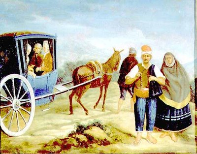 Adelsmenn i en maltesisk Kaless som bærer våpnene til Mesteren de Rohan, passerer maltesiske bønder i veikanten av Antoine de (circle of) Favray