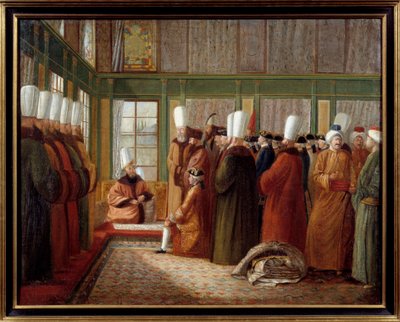 Det osmanske riket: "" Mottakelse av storvisiret av en ambassadør av Frankrike i tjeneste for kong Louis XVI i Tyrkia"" Maleri av Antoine de Favray (1706-1791) 1700-tallet Marseille, Musee de la Marine - Det osmanske riket: Mottak av en fransk ambassadør av Antoine de Favray