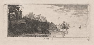 Hytte på en steinete Promentory langs en elv av Antoine de Marcenay de Ghuy