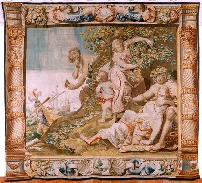 flamsk billedvev. Serien Story of Theseus. Theseus forlater Ariadne på øya Naxos (Teseo abandona a Ariadna en la Isla de Naxos). Åttende billedvev i serien. Modell Anthonis Sallaert. Produserer Jan Raes den yngre, Brussel. Ca 1630. Stoff S av Antoine or Anthonis Sallaert