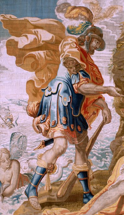 flamsk billedvev. Serien Story of Theseus. Thesevs mottar Minos ring fra Amphitrite (Teseo recibe de Anfítrite la sortija de Minos). Femte billedvev i serien. Modell Anthonis Sallaert. Produserer Jan Raes den yngre, Brussel. Ca 1630. Stoff Silke av Antoine or Anthonis Sallaert