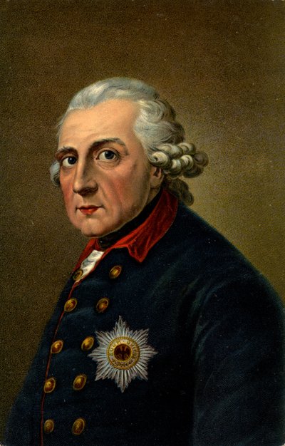 Historie. Tyskland. Fredrik II den store. Illustrasjon inspirert fra et portrett av Anton Graff (1780), Tyskland, ca. 1900 (postkort) av Anton (after) Graff