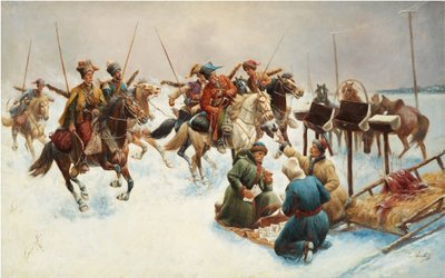 Vinterlandskap med kosakker (postutlevering) - Maleri av Adolf Baumgartner Stoiloff (Baumgartner-Stoiloff) (1850-1924), olje på lerret, 82x130 cm - Privat samling av Anton Baumgartner Stoiloff