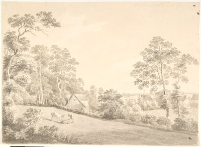 Landskap med hus og kyr ved Elben av Anton Carl Dusch