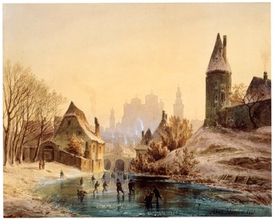 Skøytebane på en elv, 1855. av Anton Doll