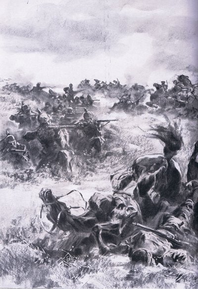 Nederlag av den 14. russiske kavaleribrigaden ved Praszysz, fra puben The Illustrated History of the World War 1914-1915. av Union Berlagsefellfchaft av Anton Hoffman