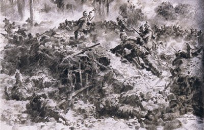 Württemberg-kongens grenaderer bryter gjennom fiendens plasseringer i Argonnes, fra puben The Illustrated History of the World War 1914-1915. av Union Berlagsefellfchaft av Anton Hoffman