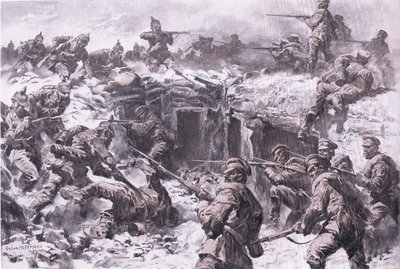 Nederlaget til Moscow Grenadier Corps av schlesiske, prøyssiske og keiserlige tyske tropper, fra puben The Illustrated History of the World War 1914-1915. av Union Berlagsefellfchaft av Anton Hoffman