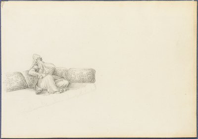 Antatt portrett av Sultana Hadigé sittende på en sofa (grafitt på papir) av Anton Ignaz Melling