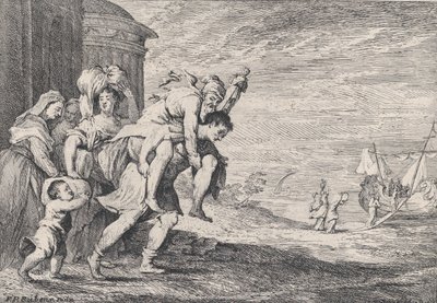 Aeneas flykter fra Troja, med en gruppe på seks skikkelser som forlater byen til venstre, Aeneas bærer..., 1728. av Anton Joseph von Prenner