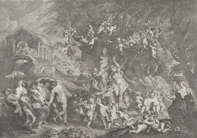 Venusfesten, med grupper av satyrer, nymfer og putti som danser rundt en statue av Ve..., 1732. av Anton Joseph von Prenner