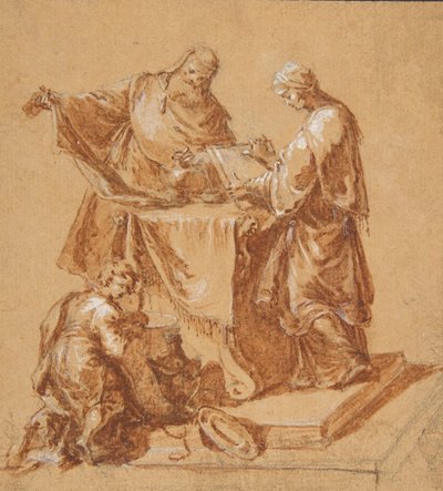 En yppersteprest, profetinnen Anna og en knelende gutt rundt et bord, 1745. av Anton Kern