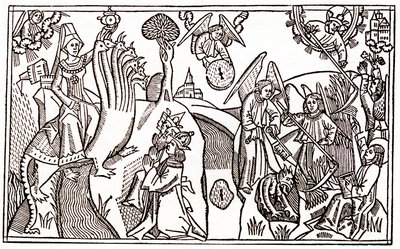 Den store skjøgen i Babylon som rir på det syvhodede dyret og englene som skjærer hvete mens de holder djevelen fanget av Anton Koberger