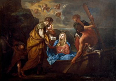 Flyturen til Egypt Den hellige familien legger ut på en båt. Maleri av Anton Maria Piola (1654-1715) Collezione Banca Carige Genes av Anton Maria Piola