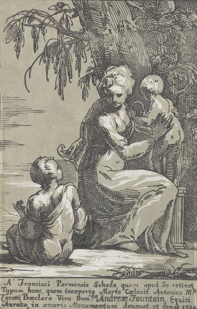 En kvinne som står ved foten av et tre og holder et spedbarn, med en sittende gutt, 1724. av Anton Maria Zanetti