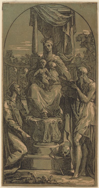 Madonna and Child Enthroned, Saint Jerome og Saint Francis av Anton Maria Zanetti I, after Parmigianino