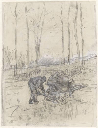 Bonde på jobb med trillebår i skogen av Anton Mauve