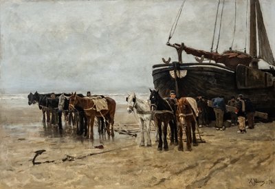 Fiskebåt med tauehester på Scheveningen-stranden av Anton Mauve