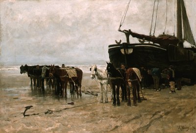 Fiskebåt med tauehester på Scheveningen-stranden av Anton Mauve