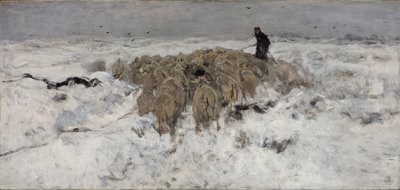 Flokk med sauer med gjeter i snøen av Anton Mauve