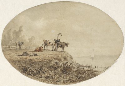 Kyr ved vannet, i det fjerne en seilskute av Anton Mauve