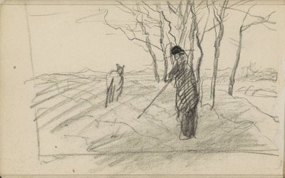 Stående mann med en stokk og et dyr på en pløyd mark av Anton Mauve