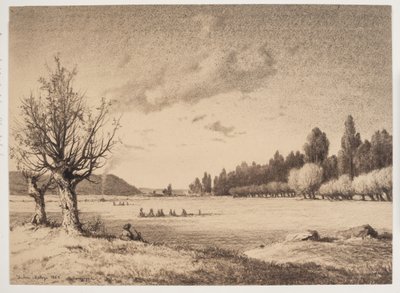 Åpent landskap med en skog i det fjerne. burgunder av Anton Melbye