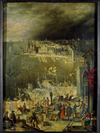 Utsikt over en havn Representasjon av kommersiell virksomhet, lossing av varer, transaksjoner på havnen. Maleri tilskrevet Anton Mozart (1573-1625), søn. 0,3x0,22 m paris, Louvre-museet av Anton Mozart