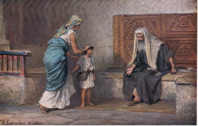 Hannah bringer Samuel til Eli, fra Hulberts Story of the Bible utgitt av The John Winston Company, 1932 av Anton Robert Leinweber