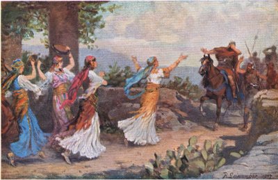 Jephthahs datter kommer ut for å møte faren sin, fra Hulberts Story of the Bible utgitt av The John Winston Company, 1932 av Anton Robert Leinweber
