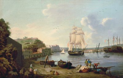Skip under seil i havnen ved Port Mahon, Minorca av Anton Schantz