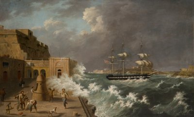 Harbour Scene, Malta (olje på kort) av Anton Schranz