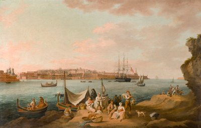 Harbour Scene, Malta (olje på kort) av Anton Schranz