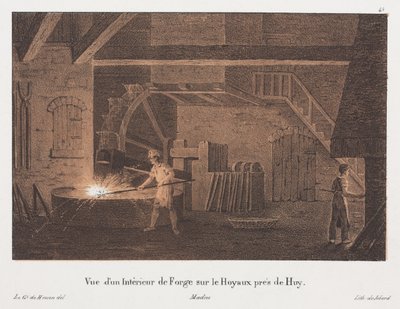 Interiør i en smie nær Huy, Belgia, gravert av Jean-Baptiste Jobard (1792-1861) (tonet litho) av Anton de after Howen